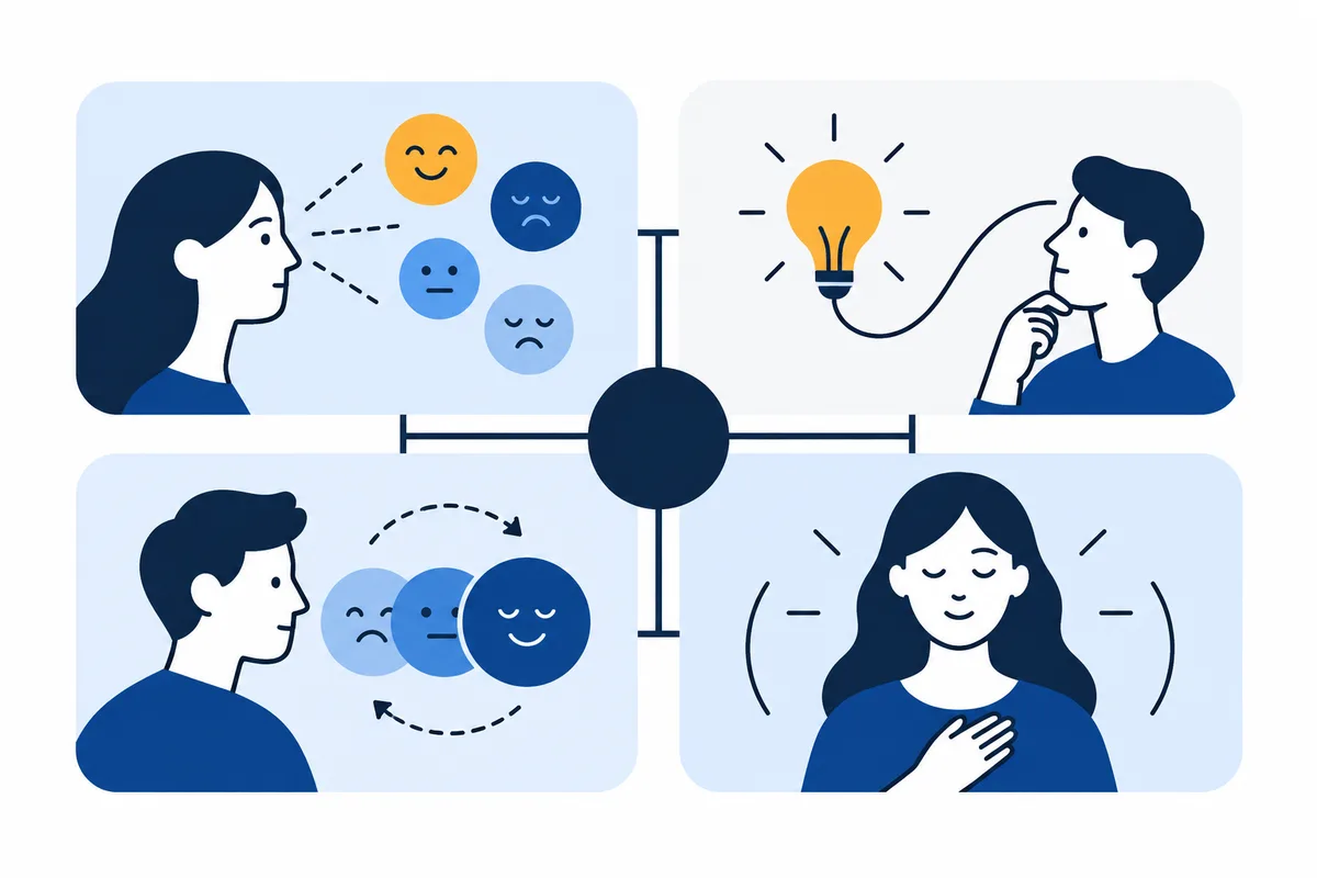 Four illustrated panels surround a central dark circle: a person views four expressive faces, another considers a glowing light bulb, another faces changing expressions, and another rests a hand on their chest.