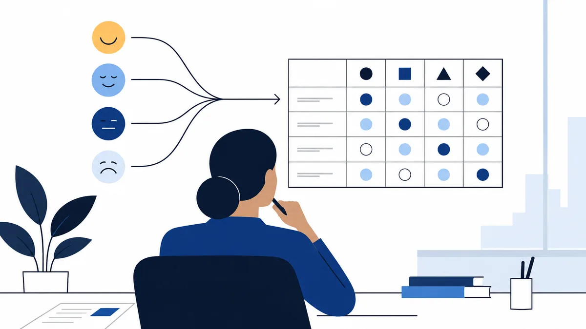 A seated person studies a grid of colored shapes on a screen. Four simple faces with different expressions connect to the grid, with a plant and books nearby.