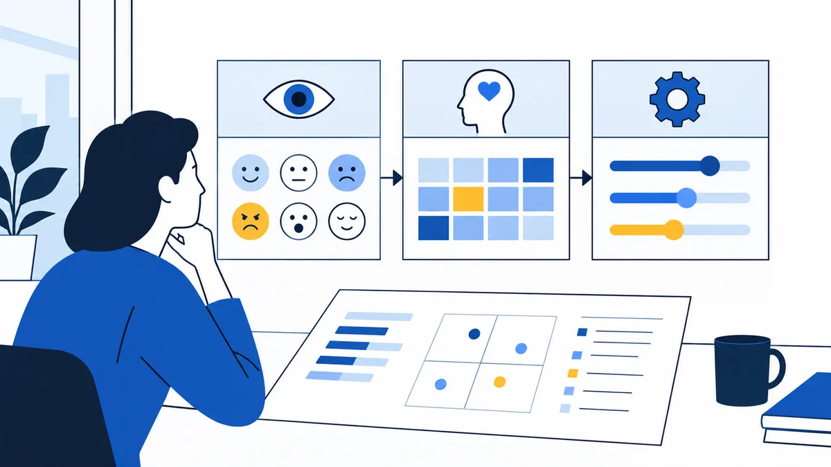 A seated person looks at a report beside three panels showing facial expressions, a colored grid, and slider controls.