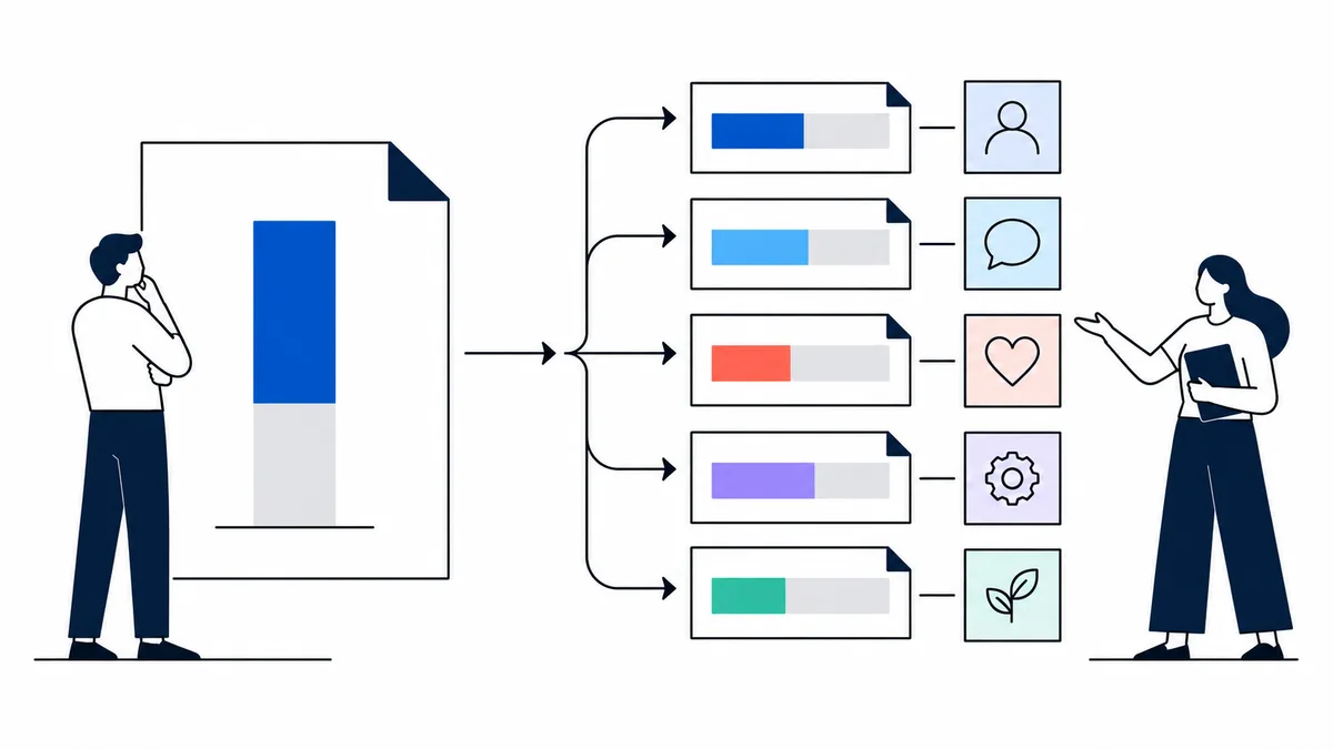 Two people flank a report illustration: one stands beside a single vertical bar, while arrows lead to five colored horizontal bars with person, speech, heart, gear, and leaf icons beside another person.