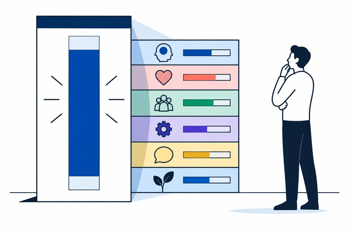 A person stands beside a large vertical bar and six colored horizontal rows with head, heart, group, gear, speech, and leaf icons.