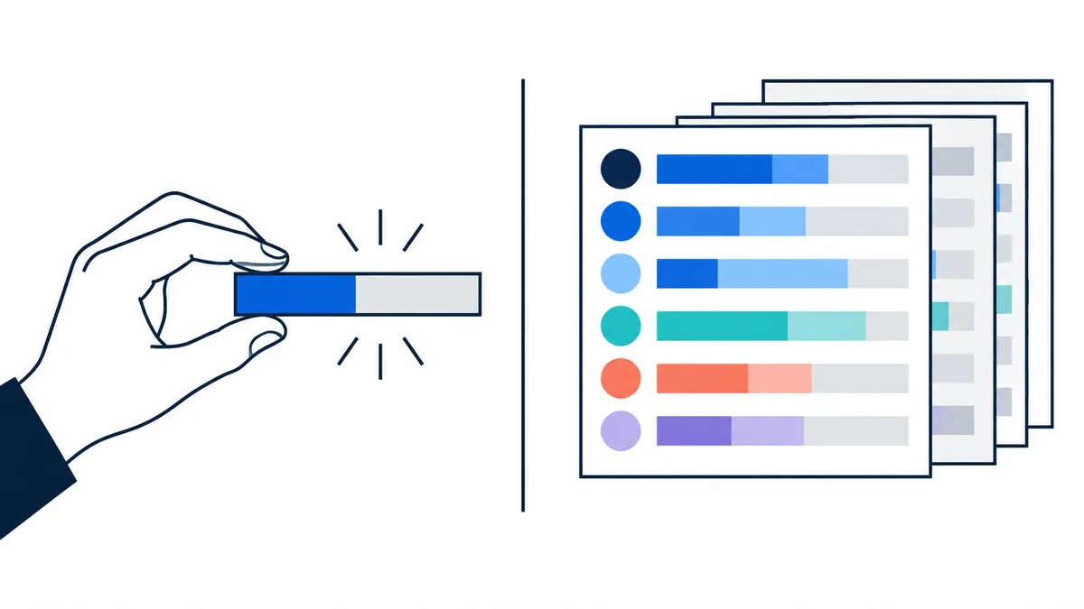 A hand holds a partly blue horizontal bar beside a stack of report cards containing colored circles and horizontal bars.