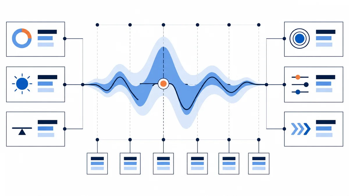 A blue fluctuating waveform with an orange marker connects to small panels showing simple charts and symbols.