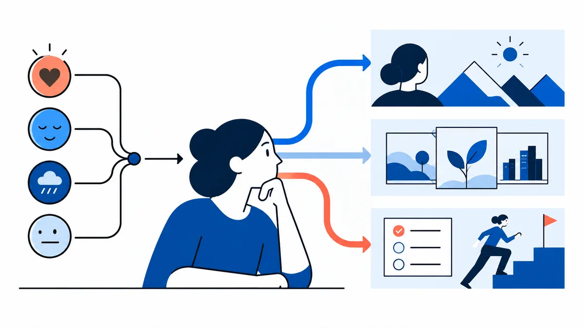 A seated person considers four emotion icons linked by arrows to illustrated scenes of people, plants, charts, and a figure climbing steps.