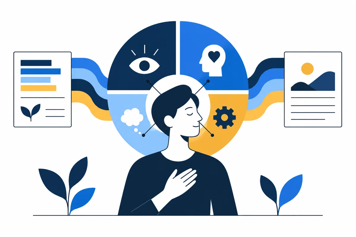 Illustration of a person with one hand on their chest, in front of a four-part circle containing an eye, a heart inside a head shape, a cloud, and a gear. Wavy bands connect the circle to two panels, with small plants below.
