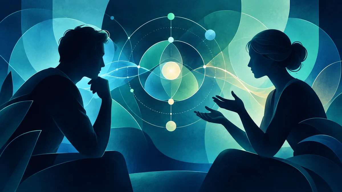 Two silhouetted people face each other beside a glowing abstract diagram of circles, lines, and colored dots.