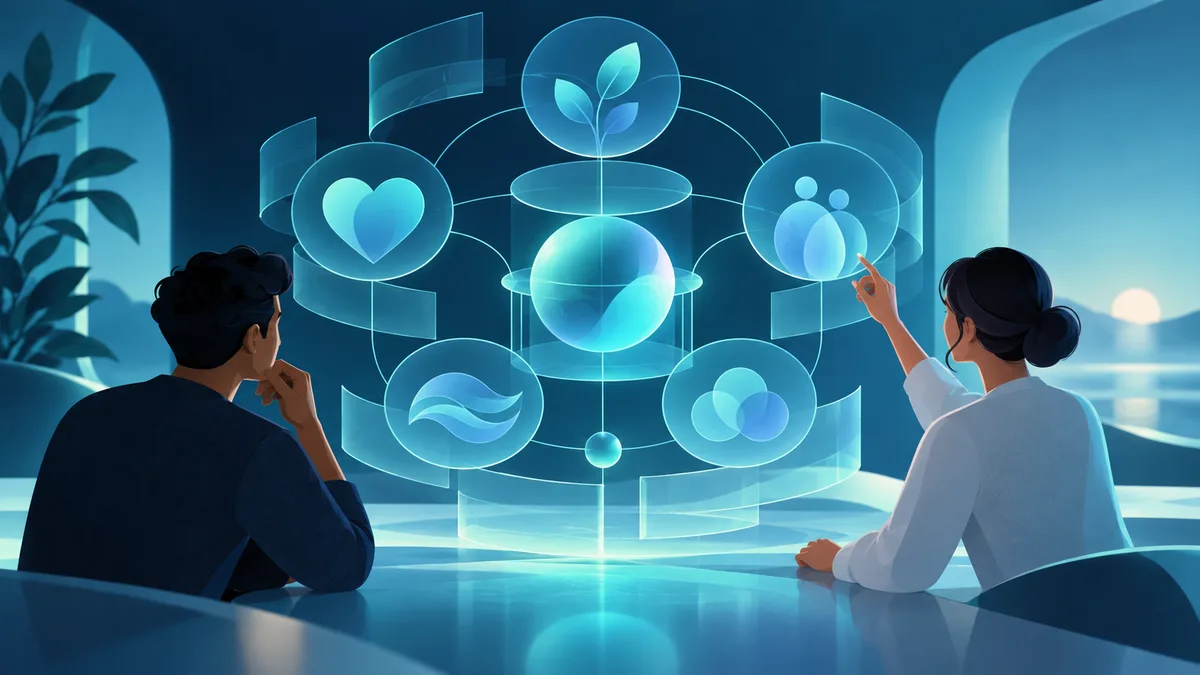 Two people sit at a table facing a floating arrangement of translucent circles containing hearts, leaves, overlapping figures, and wavy lines.