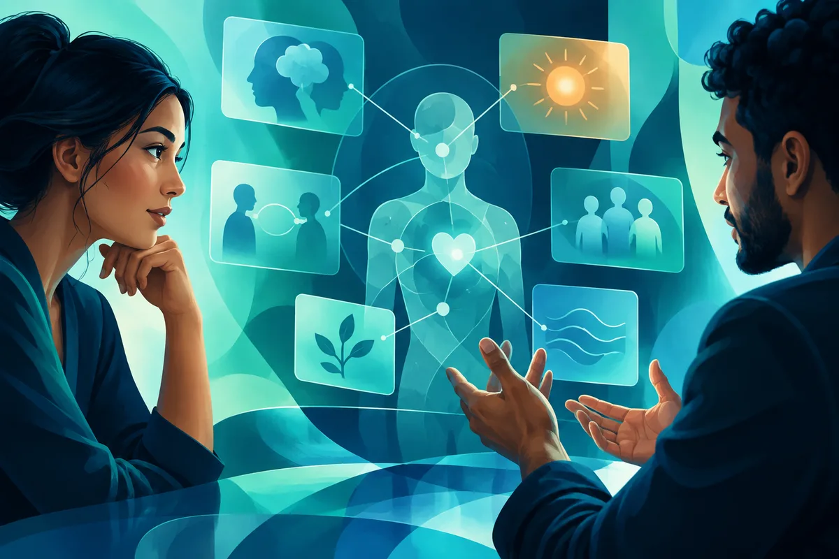 Two people face a translucent human figure with a glowing heart, surrounded by connected panels showing profiles, a sun, groups of people, a plant, and wavy lines.