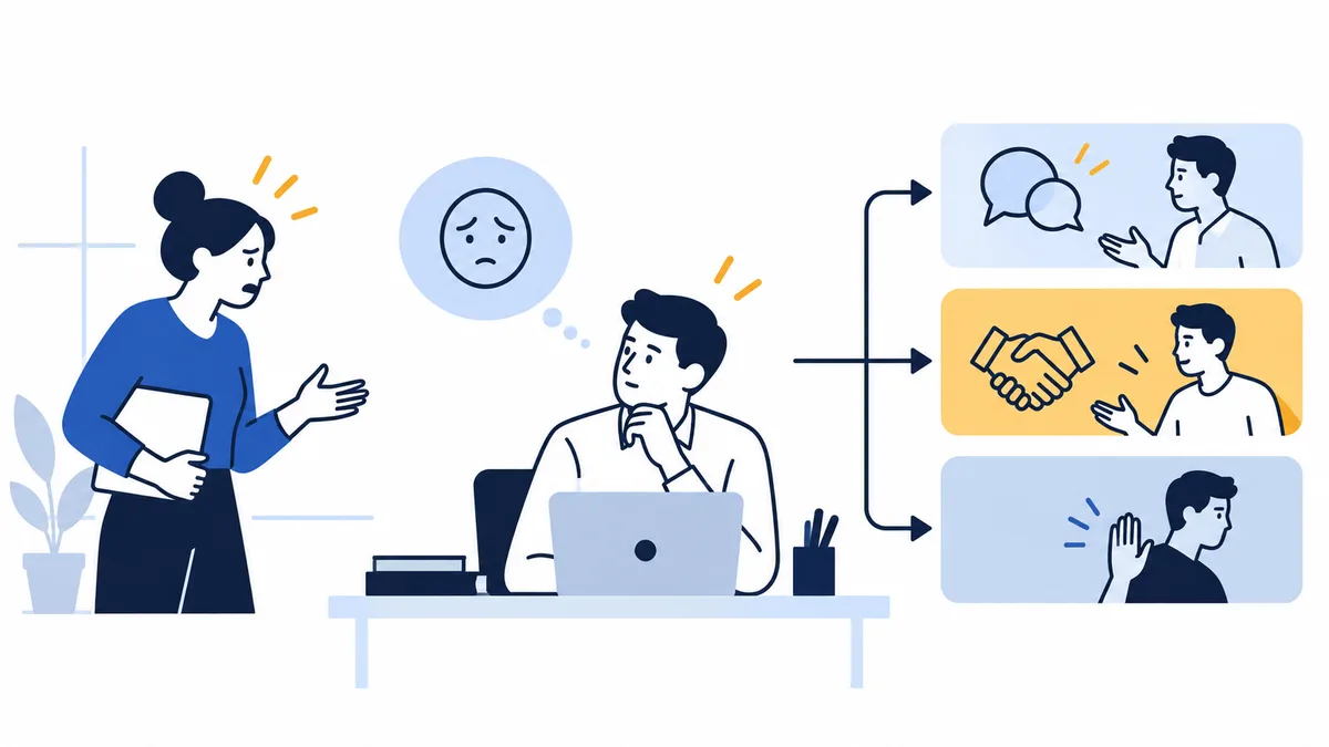 Flat navy-and-blue workplace illustration of a standing person gesturing toward a seated person at a laptop, with arrows leading to three panels showing a conversation, a handshake, and a person raising a hand.