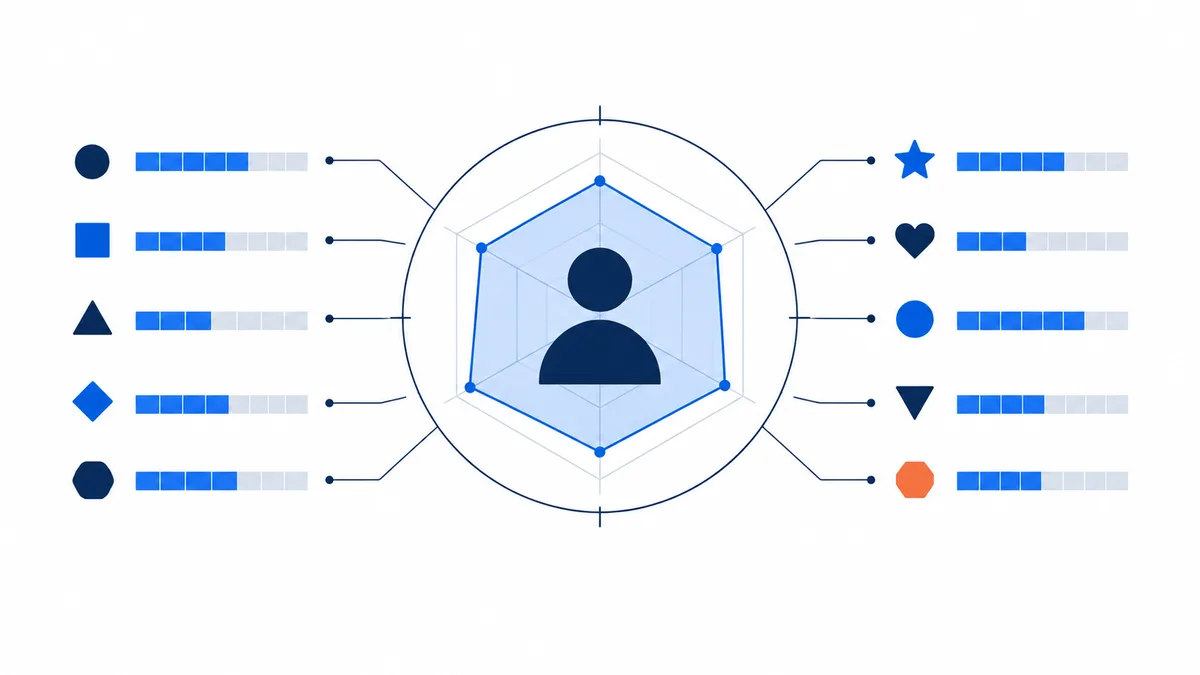 A person icon sits inside a blue hexagonal radar chart, with rows of geometric symbols and segmented blue and gray bars on both sides.