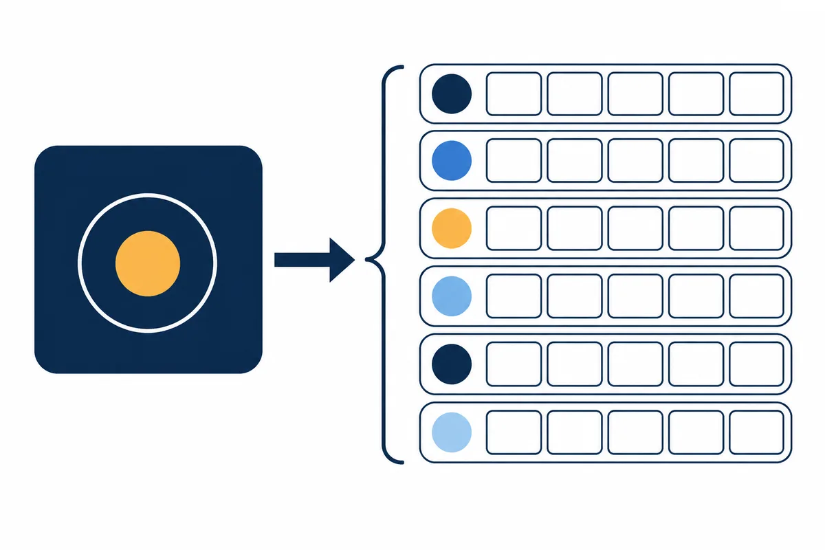 A navy square with a yellow circle inside a white ring points toward six rows of colored circles and outlined boxes.
