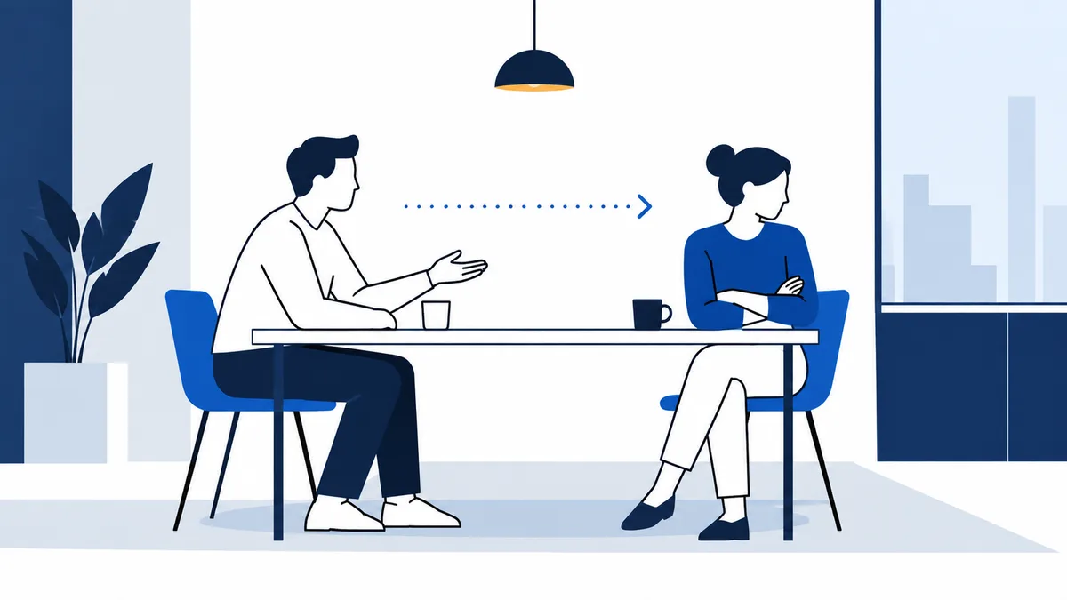 Two people sit across a table, with a dotted arrow pointing from one toward the other.