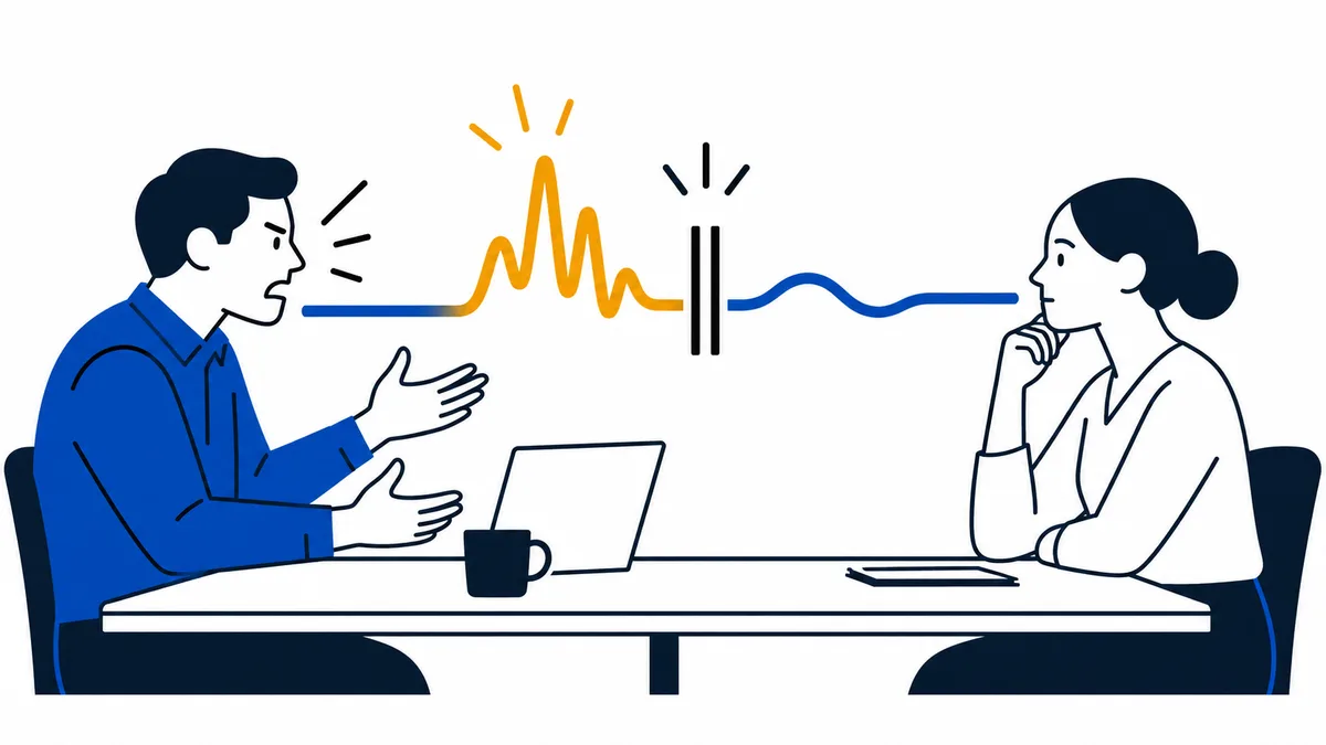 Two people sit across a table; a jagged orange line between them changes to a straight blue line after a pause symbol.