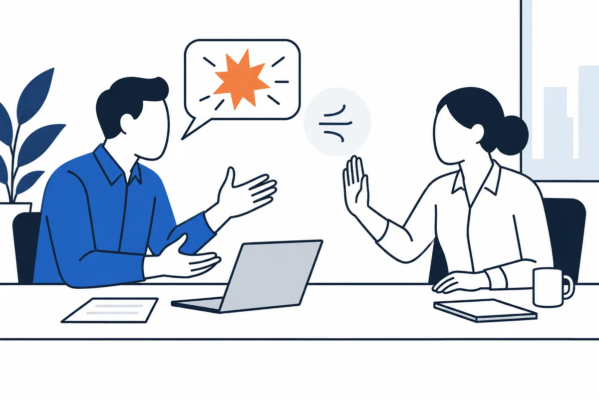 Two people sit across a table, one gesturing while the other raises a hand; an orange burst appears in a speech bubble.