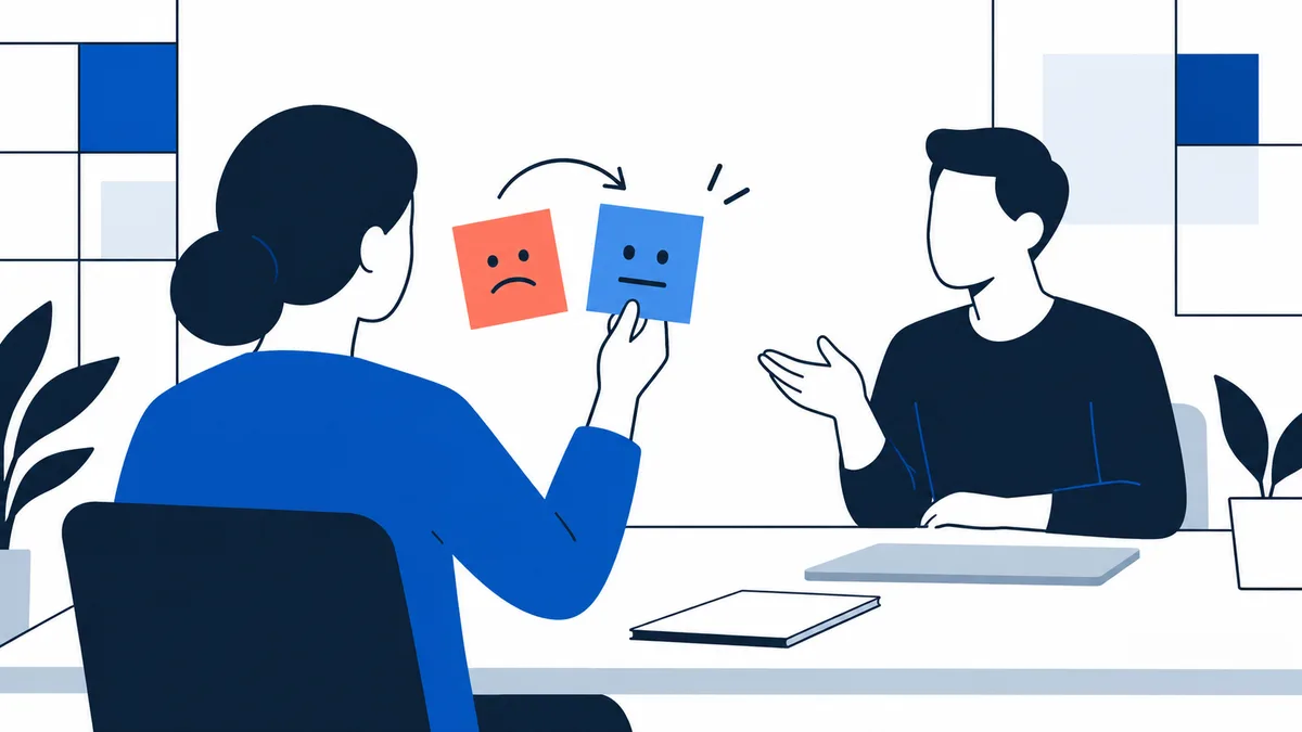 A person holds up red and blue face cards across a table from another person, with an arrow pointing from the red card toward the blue one.