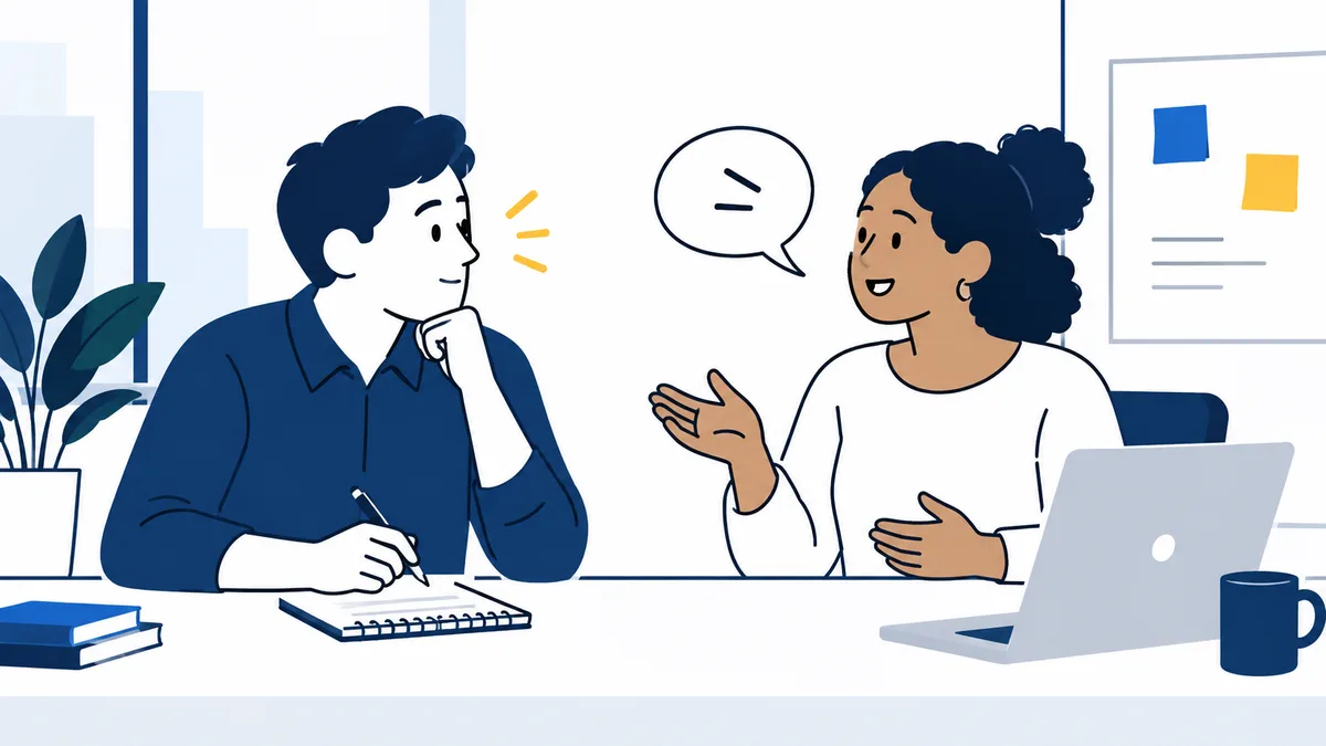 Two people sit across a desk; one rests a hand near their chin while the other gestures. A speech bubble with two short lines appears between them, with a laptop, notebook, mug, books, and plant nearby.