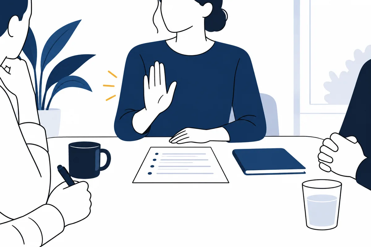 At a meeting table, a person raises an open hand while others sit nearby; a mug, papers, a folder, and a glass are on the table.