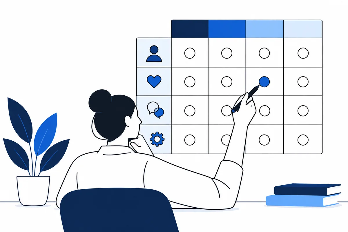 A seated person points to a blue circle in a grid of outlined circles, with small person, heart, speech bubble, and gear symbols in the left column. A potted plant and two books sit nearby.