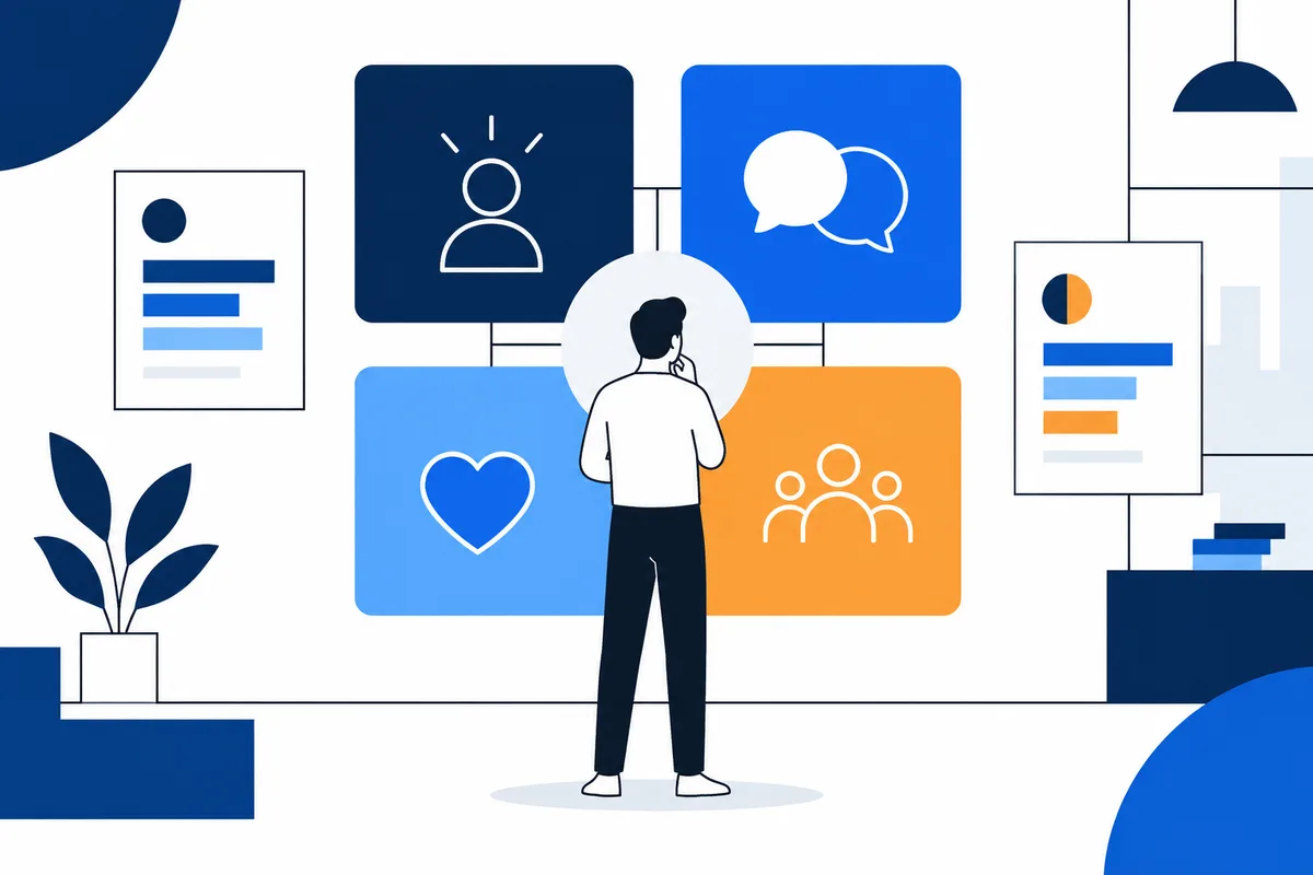 A person stands among blue and orange panels showing a figure, speech bubbles, a heart, and a group, with simple report cards nearby.