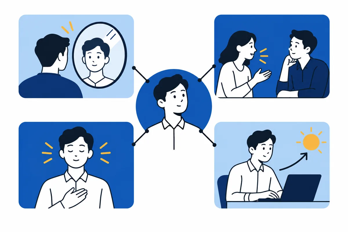 A central figure connects to four scenes showing a person looking in a mirror, two people talking, a person with a hand on their chest, and a person working at a laptop.
