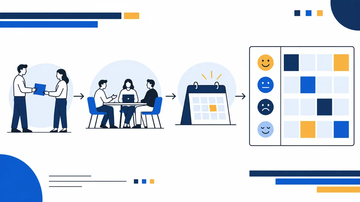 Two people exchange a blue card, followed by a group meeting, a calendar, and a grid of colored squares beside four face icons with different expressions.