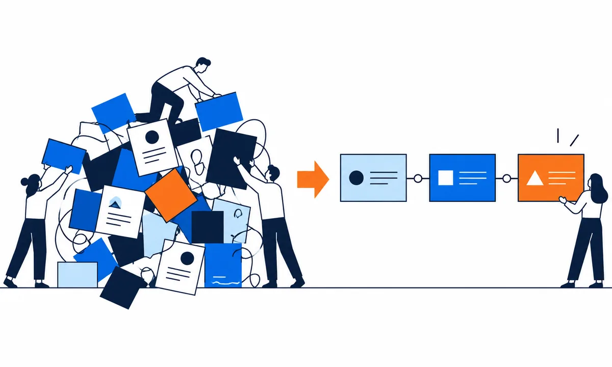 Several people arrange a tangled pile of blue, navy, and orange cards, with an arrow pointing to three linked cards and a person holding the orange card.
