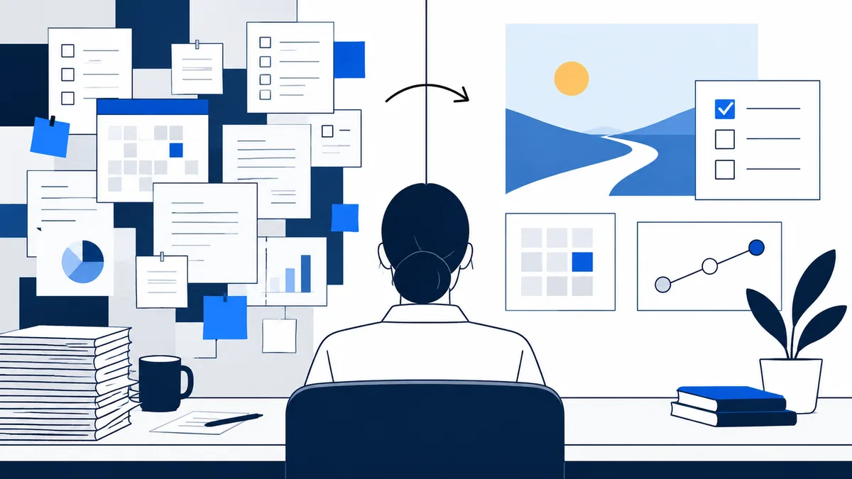A seated person faces a wall crowded with charts, checklists and papers; an arrow points to a simpler scene with a winding path, checklist, small charts and a potted plant.