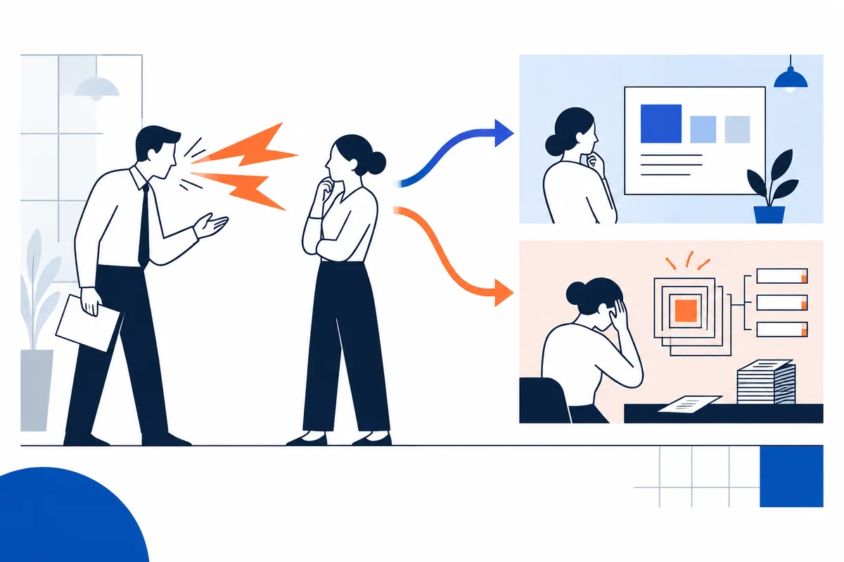A person speaks toward another as an orange burst appears between them. Blue and orange arrows lead to panels showing a person looking at a chart and another seated before charts and documents.