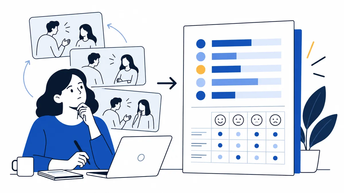 Illustration of a person at a laptop reviewing three conversation scenes beside a report with colored bars and a table of facial expressions and dots.