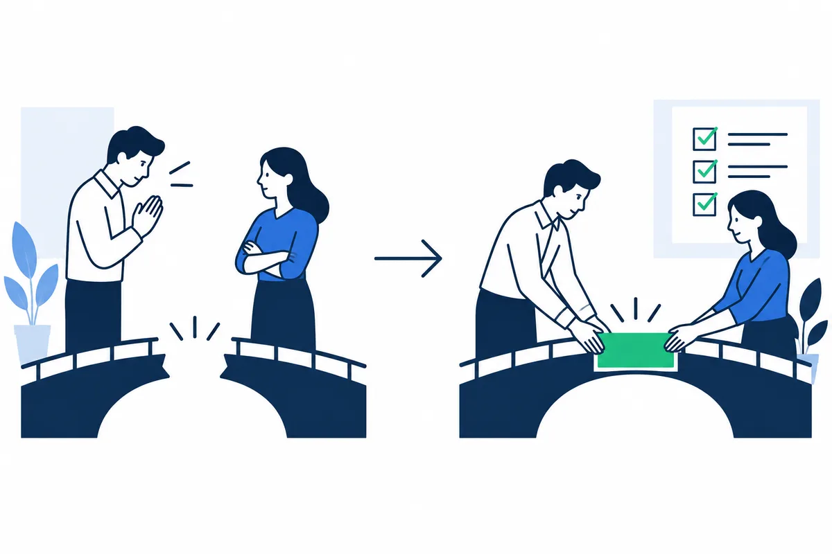 Two office scenes show people facing one another across desks. In the first, one person raises a hand while speaking; an arrow points to the second, where two people sit across a green table beneath a checked list.