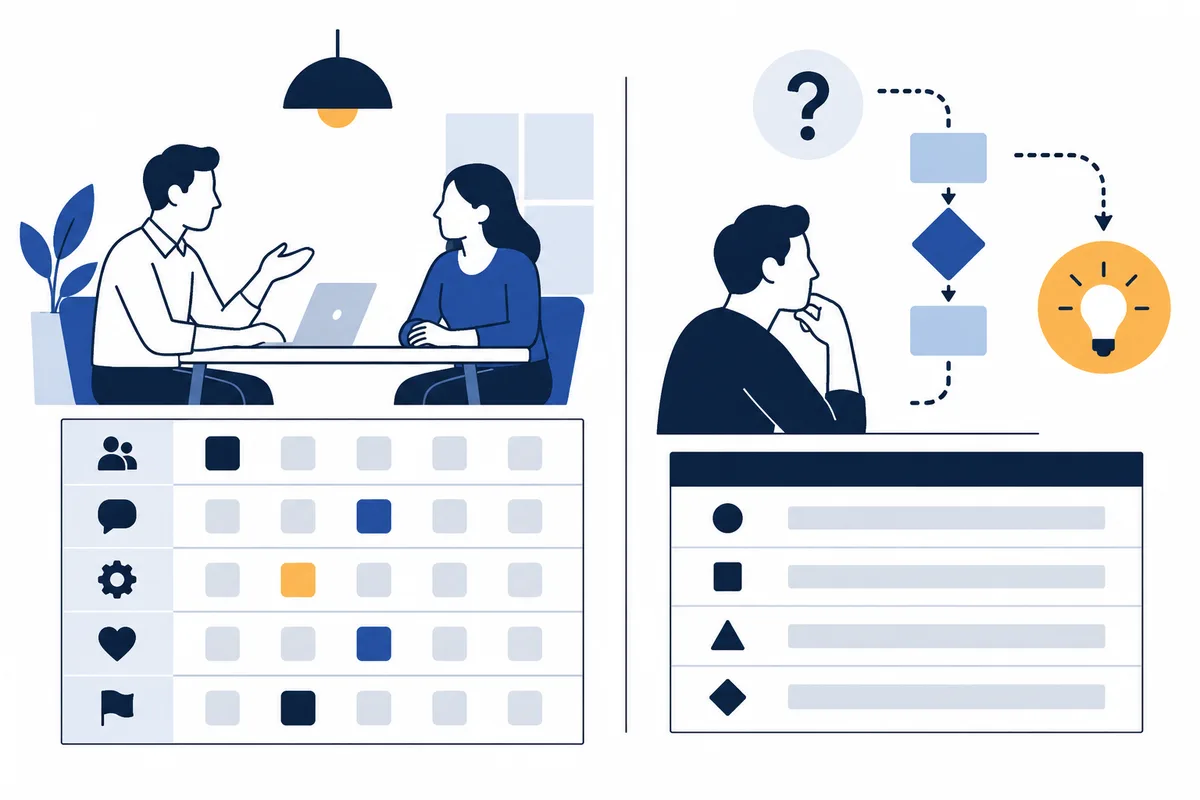 Two people talk across a table above a colored grid; beside them, a seated figure faces a question mark, a flowchart, and a light bulb above a list.