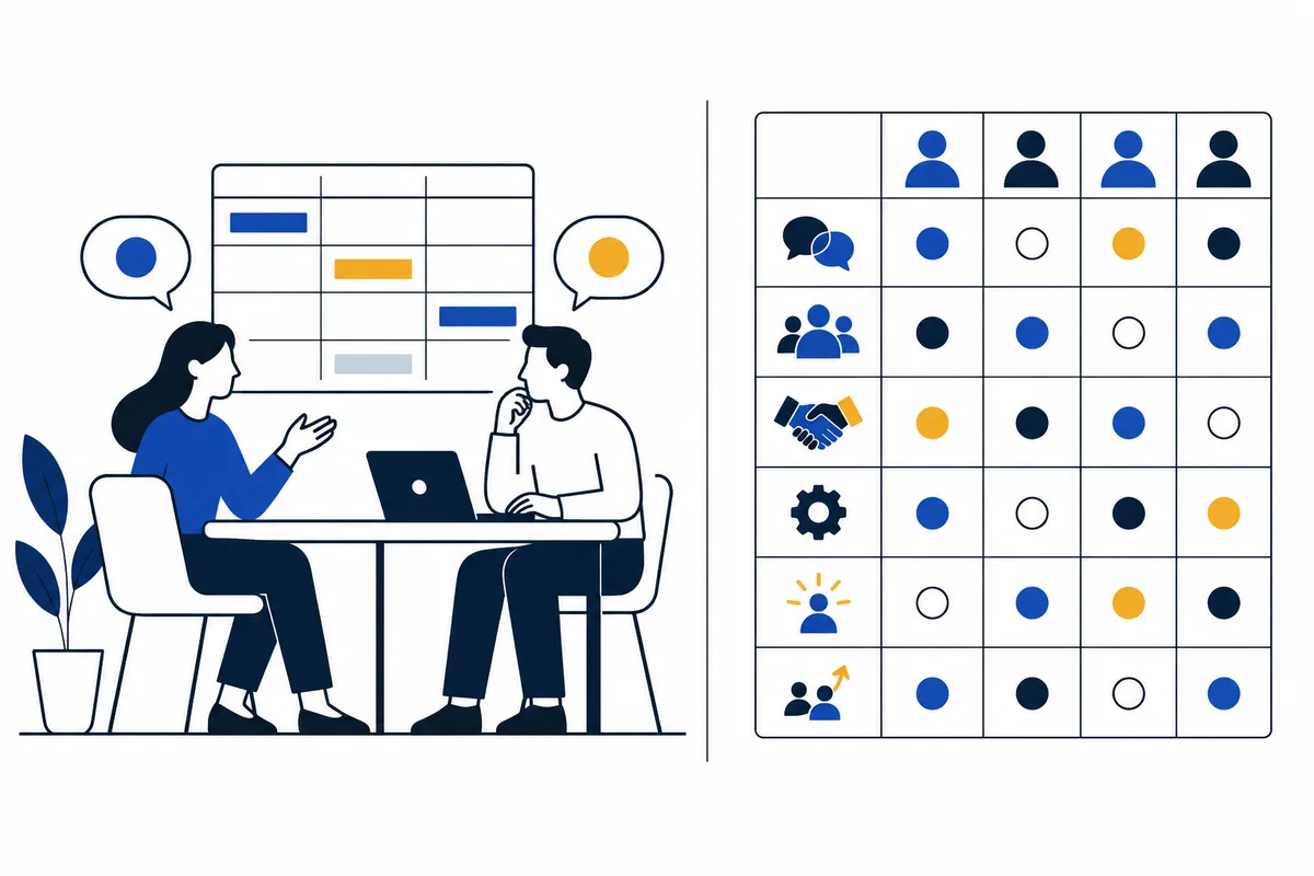 Two people discuss a chart at a table; beside them is a grid of colored circles and icons for conversation, teamwork, a handshake, a gear, and people.