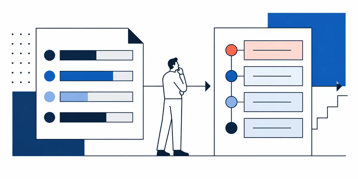 A person stands between two large outlined documents: one shows four colored horizontal bars, and the other shows four colored circles connected to blank text boxes. An arrow points from the first document toward the second, with blue geometric blocks and steps behind them.