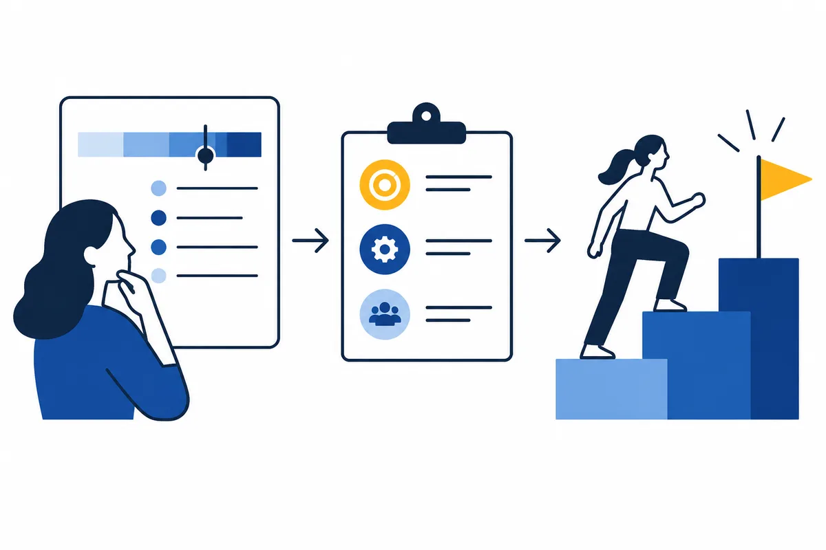 A person looks at a report with a colored scale and list, followed by a clipboard with three colored icons. Arrows lead to another person climbing blue steps toward a yellow flag.