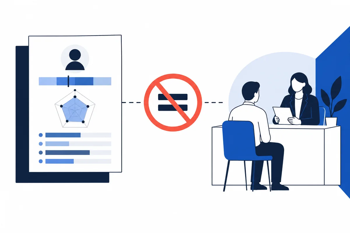 Flat blue-and-navy illustration of a profile card with an avatar, segmented bar, and polygon chart connected by dashed lines to a red crossed-circle symbol and two people seated at a desk.