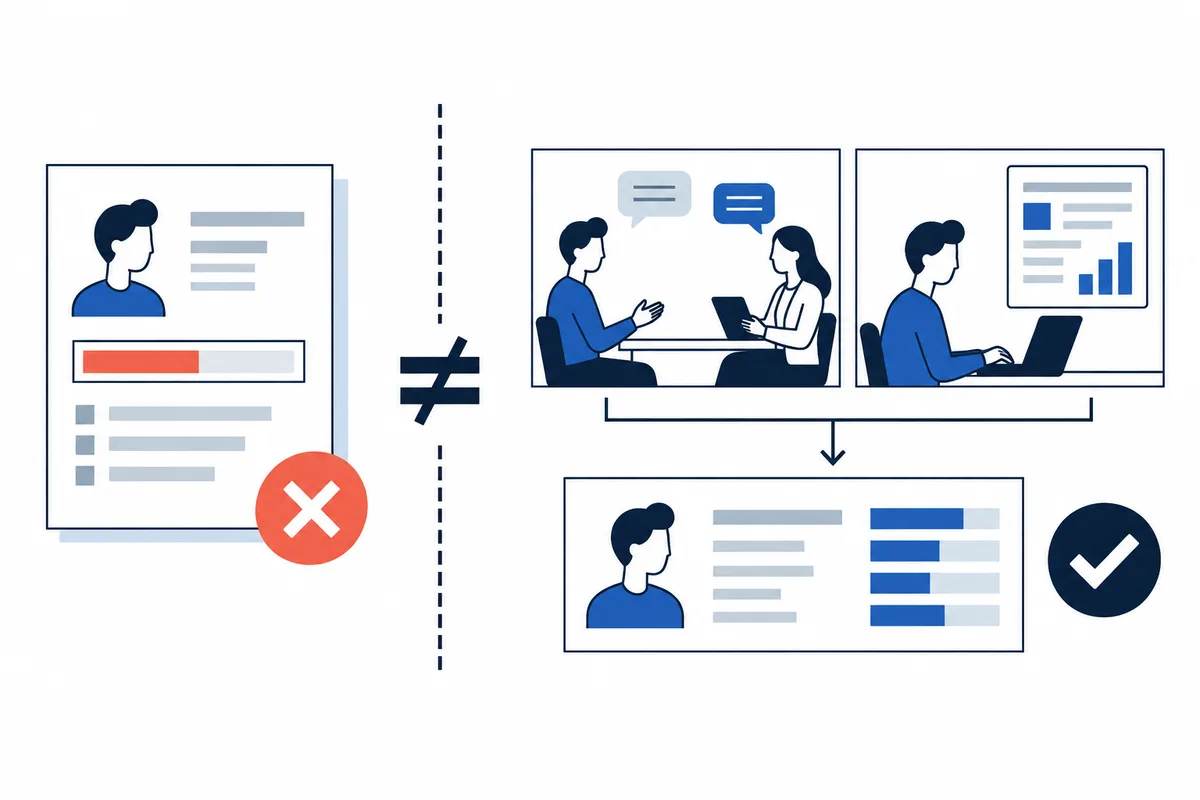 Illustration contrasting a profile card marked with a red X with panels showing two people talking, a person using a laptop beside a chart, and a completed profile card with a check mark.