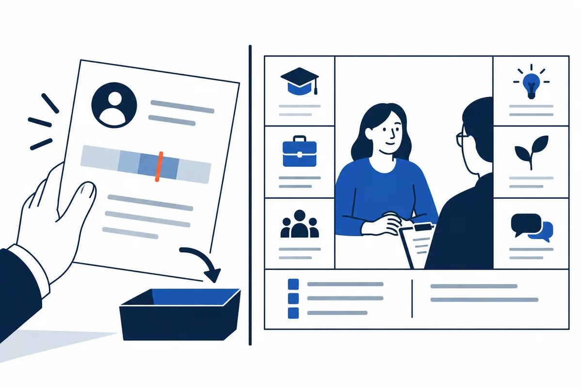 A hand holds a profile sheet with a segmented bar above an open box, beside a panel showing two people in conversation surrounded by icons including a graduation cap, briefcase, group, lightbulb, leaf, and chat bubbles.