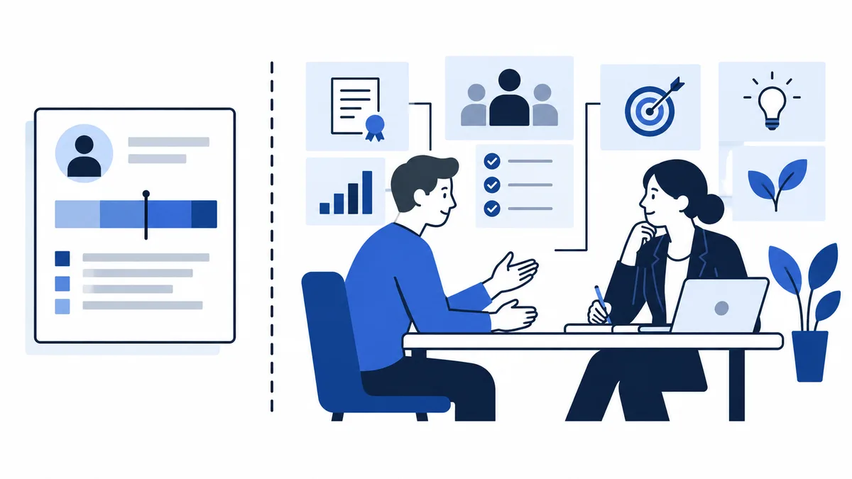 A profile card appears beside a meeting scene with one person gesturing and another taking notes at a laptop, surrounded by icons for a document, bar chart, group, checklist, target, lightbulb, and leaves.