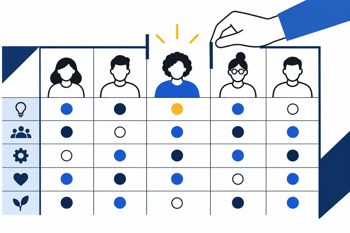 A grid shows five outlined people above rows of colored dots and icons for a lightbulb, group, gear, heart, and leaf; a large hand hovers over one column.