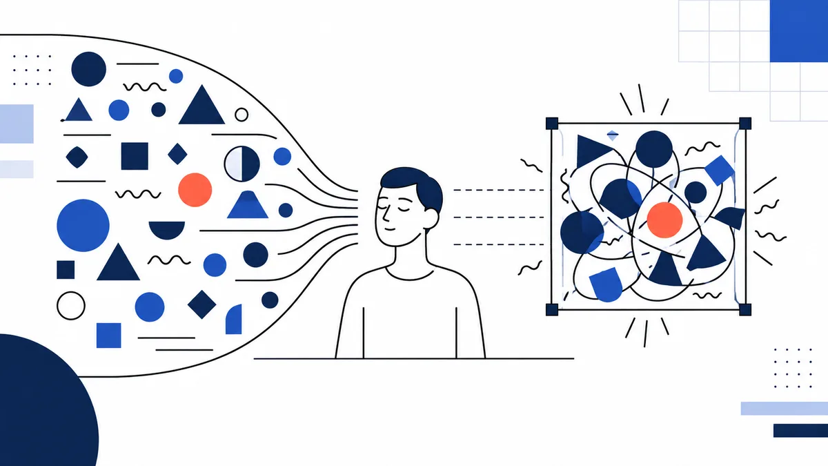 Minimal line illustration of a person between a field of blue geometric shapes and a framed, overlapping arrangement of shapes.