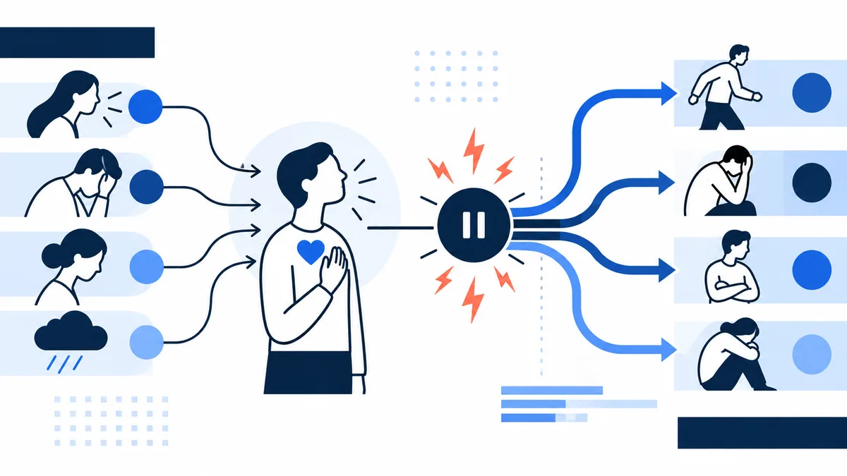 Minimal line illustration of a person with a blue heart symbol receiving arrows from four figures and a rain cloud, while a pause symbol branches toward four different figures.