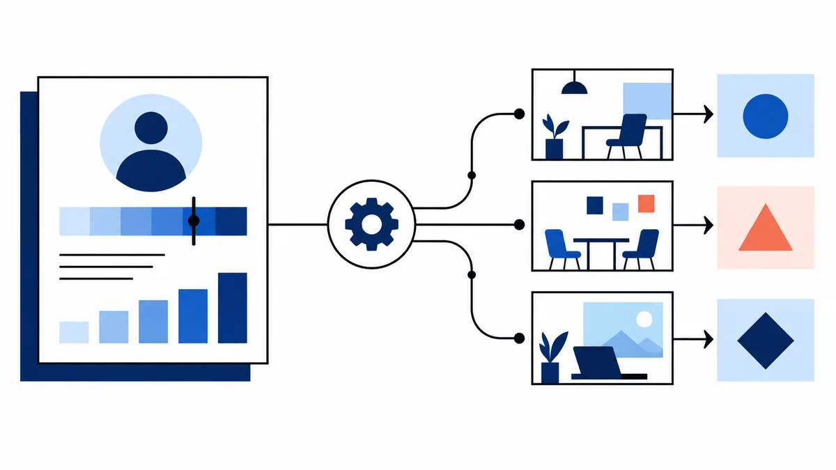 An illustrated profile report with a horizontal color scale and bar chart connects through a gear to three office scenes, each paired with a colored geometric symbol.