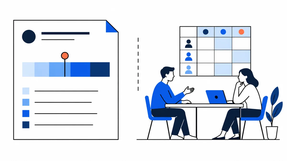 An illustrated report page with a color scale appears beside two people discussing at a table, with a grid of colored markers behind them.