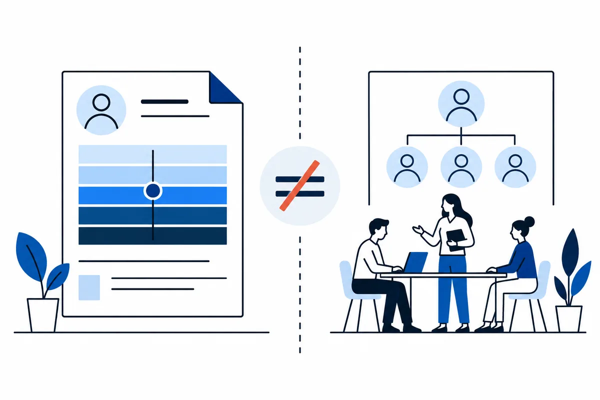 An illustrated report page with a color scale is separated by a not-equal symbol from a workplace scene with three people beneath an organizational chart.