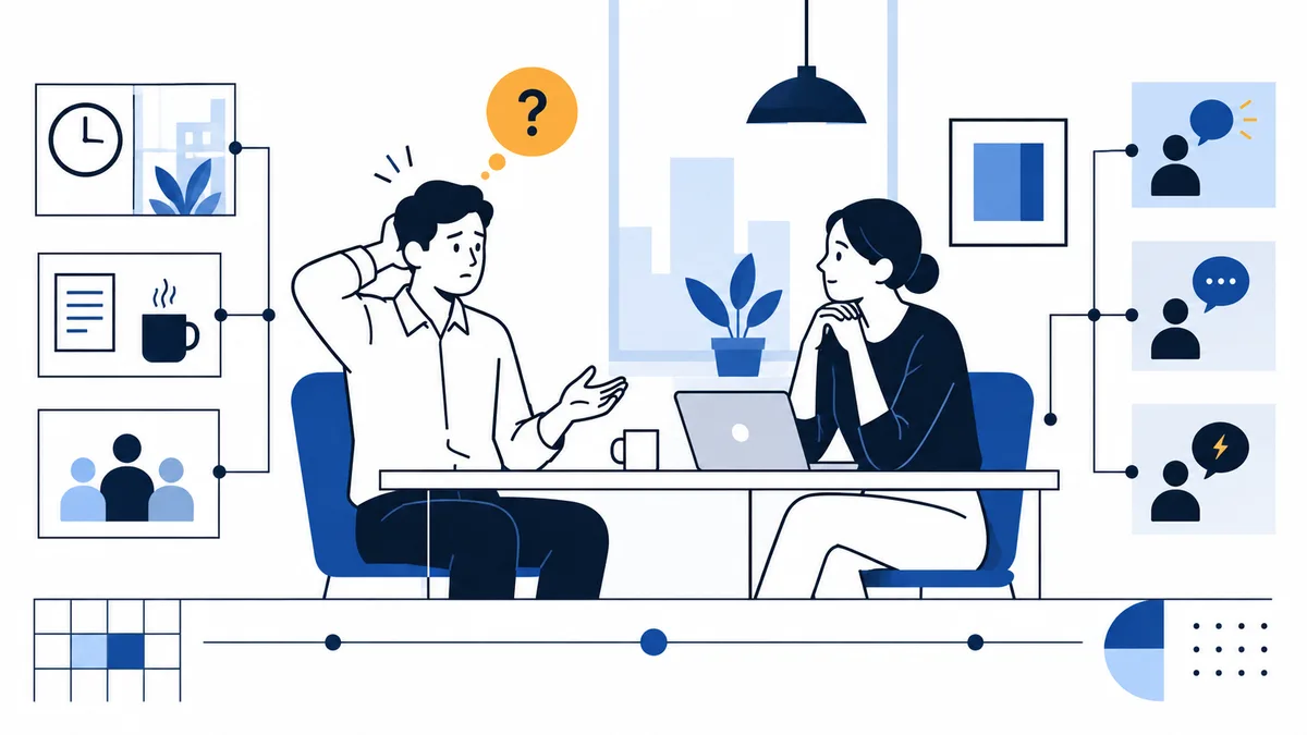 Flat illustration of two people seated at a table with a laptop; one gestures beneath a question mark, with small framed icons and panels around them.