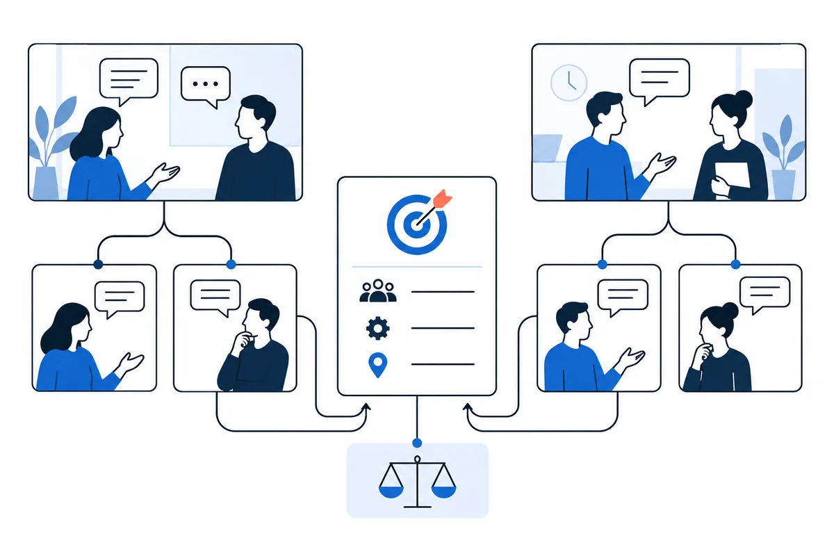Illustrated conversation scenes branch into smaller scenarios around a central target and checklist, with a balance scale below.