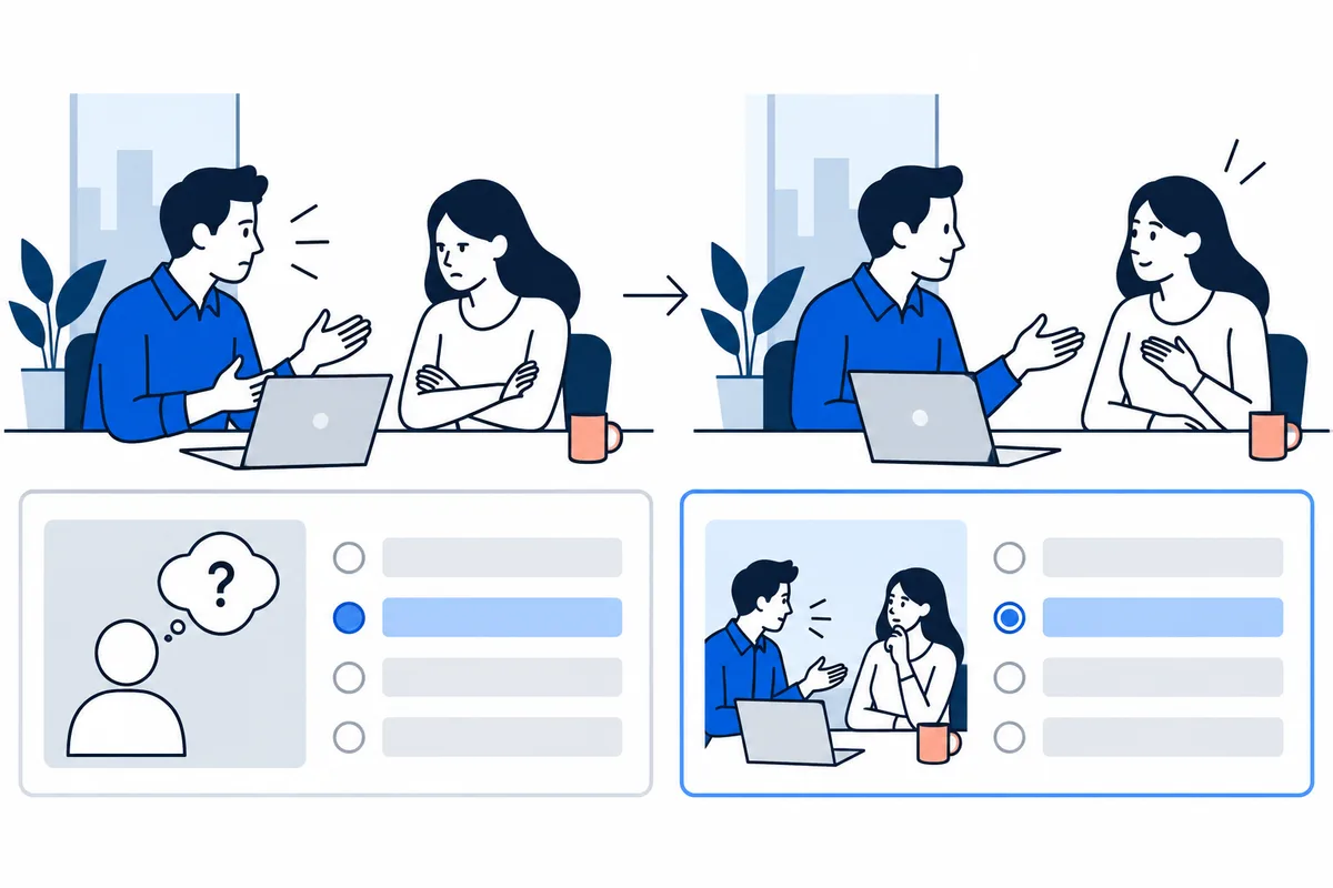 Two side-by-side scenes show a pair talking at a table, first with crossed arms and a frown and then with open gestures and a smile, above simplified answer panels.