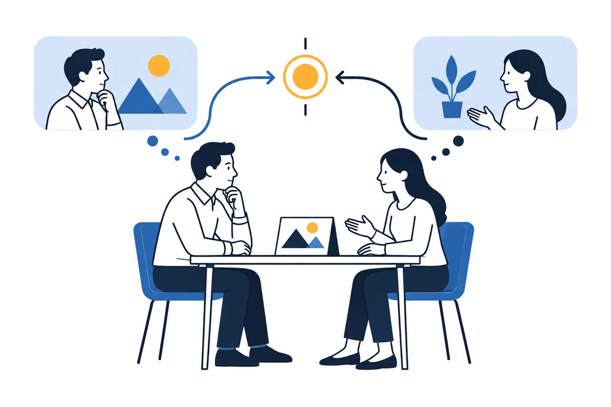 Two seated figures consider picture cards across a table, with arrows linking their thought bubbles to a sun symbol.
