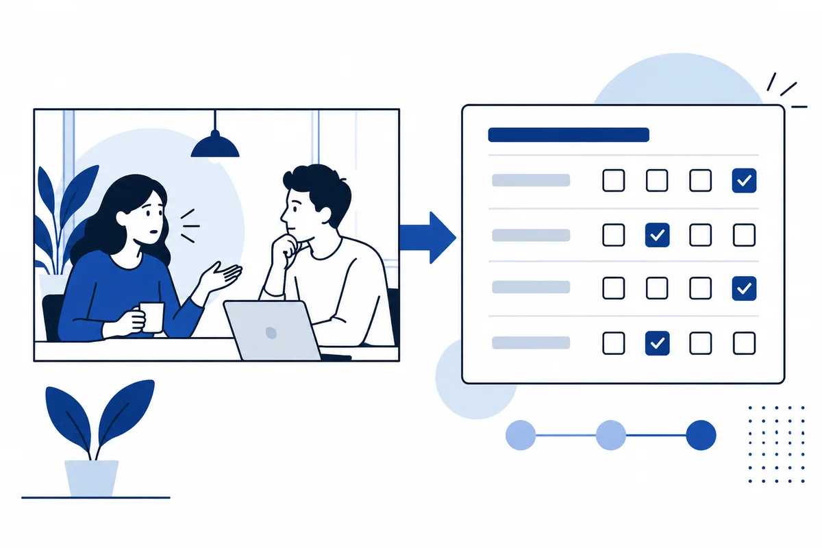 Illustration of two people talking beside a laptop, with an arrow pointing to a checklist containing several checked boxes.