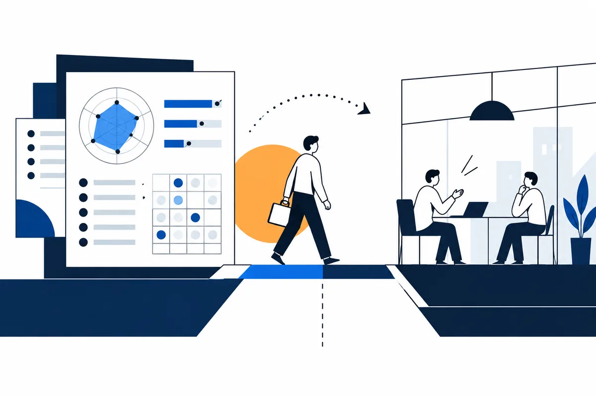 Flat illustration of a person carrying a briefcase walking between a report-style graphic with charts and an office scene with two seated people.
